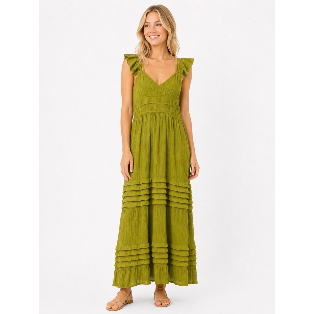 MAX+ASH Green Crinkle Ruffle Strap Tiered Maxi Dress Medium Beach Whimsical